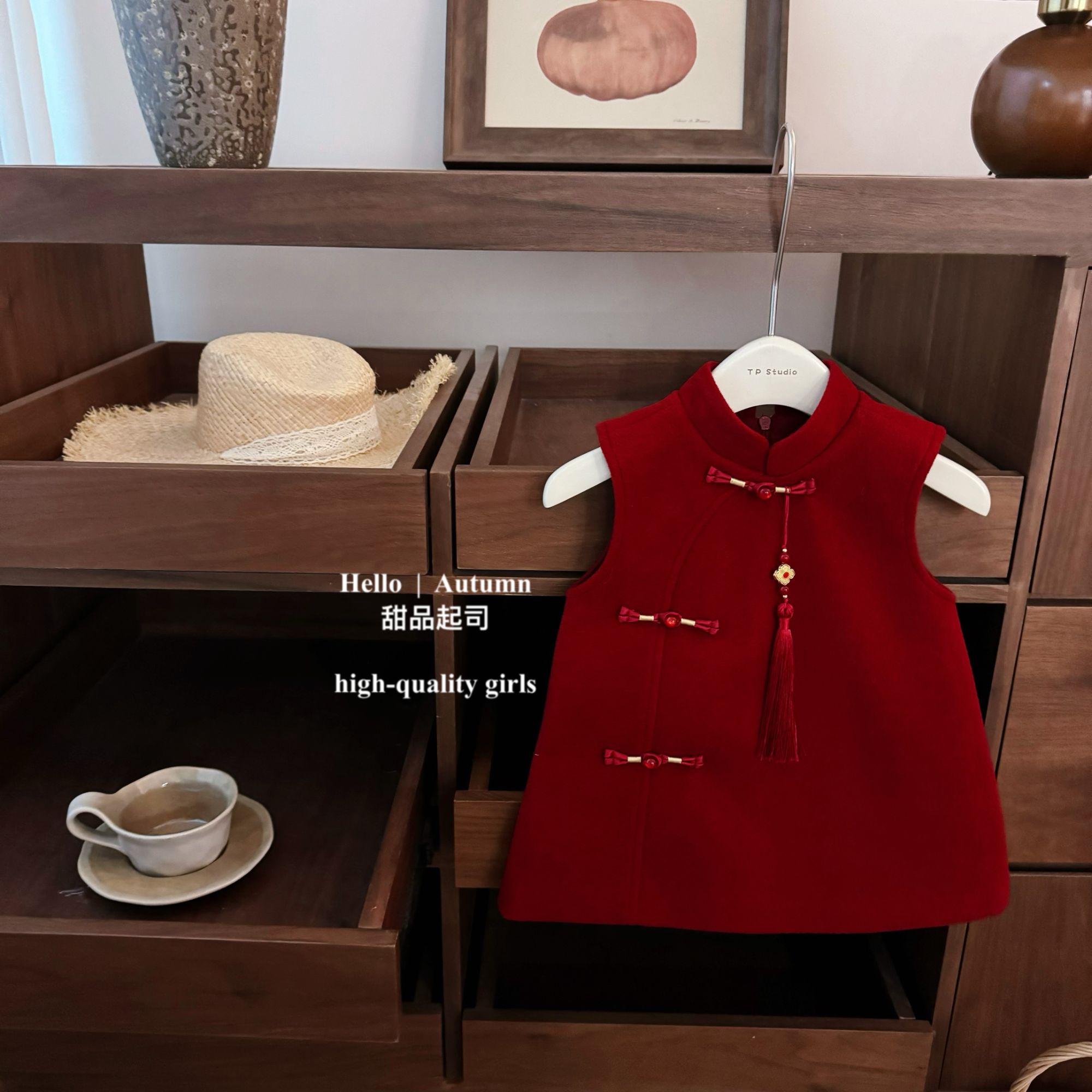 【甜品起司】新年款！原创女宝宝新中式旗袍红色背心裙生日礼服裙