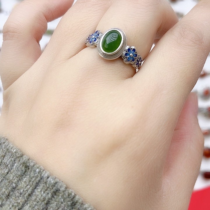 和田玉戒指银S925镶嵌天然