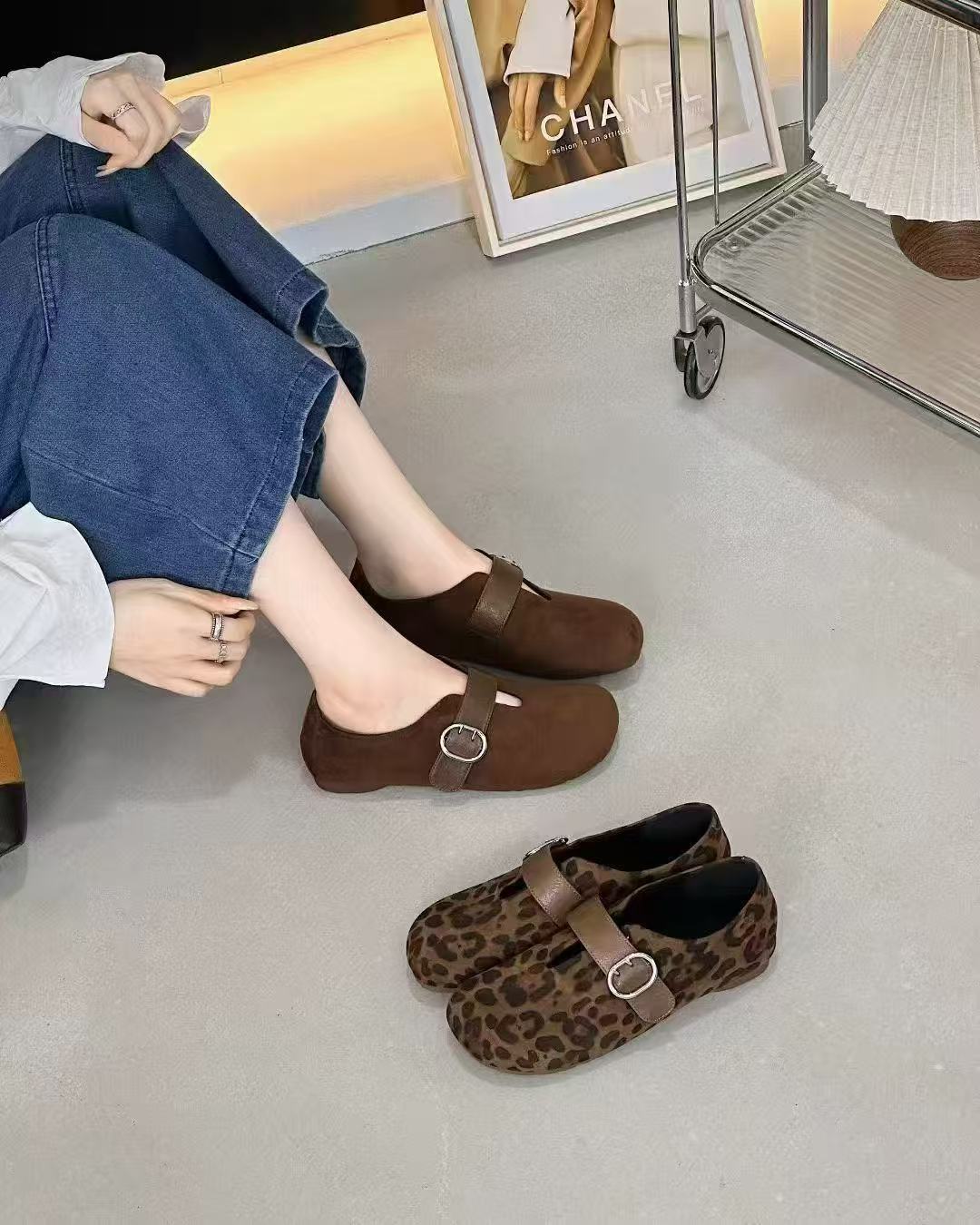 【刘姐高货】磨砂豹纹单鞋（内里加绒）复古方头棕色时尚韩版BL16