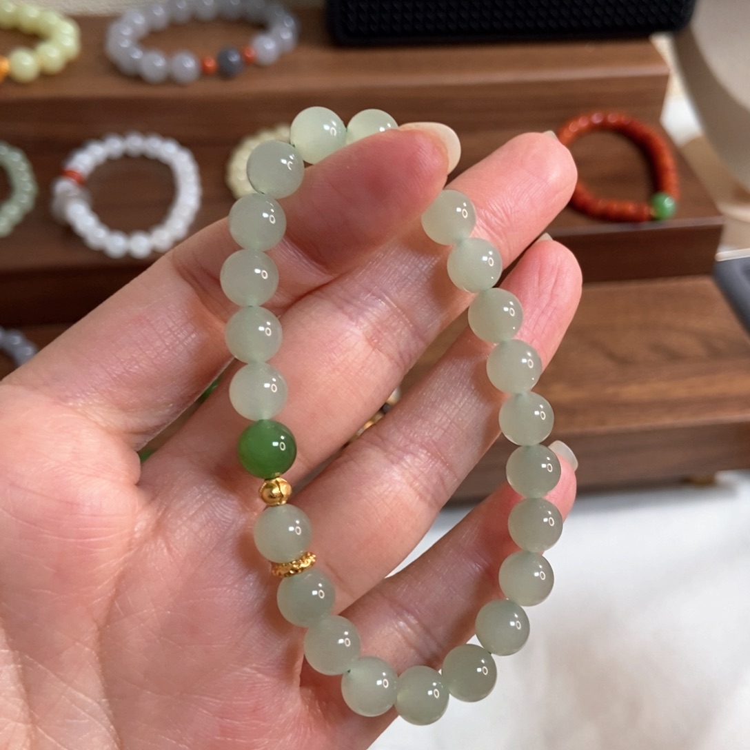 和田玉手链银S925镶嵌8mm左右冰晴