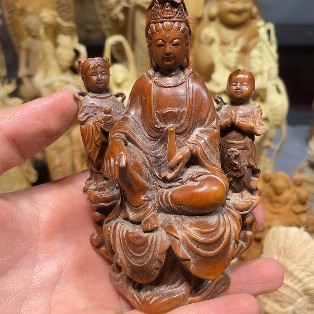 黄杨木小叶瑕疵做旧童男童女拜观音