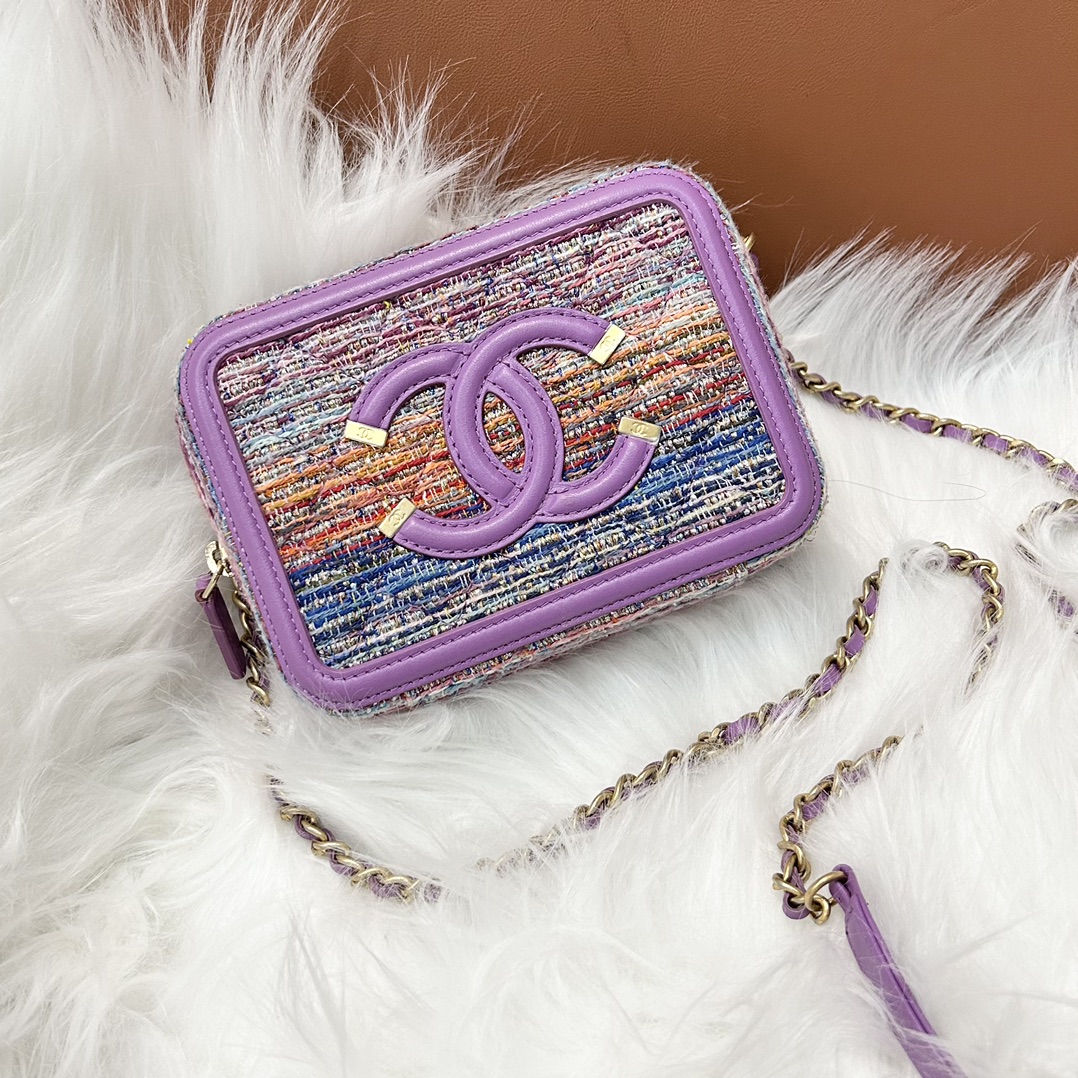 99新 Chanel/香奈儿 蔚蓝/紫色毛呢 相机包 29开