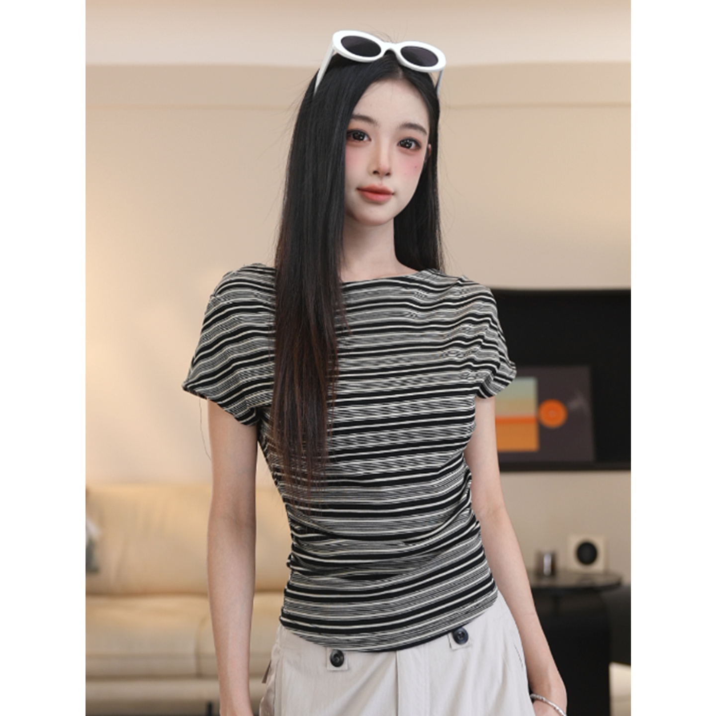 【尔给】夏季莱赛尔法式慵懒风三穿条纹T恤女领斜肩气质百搭上衣