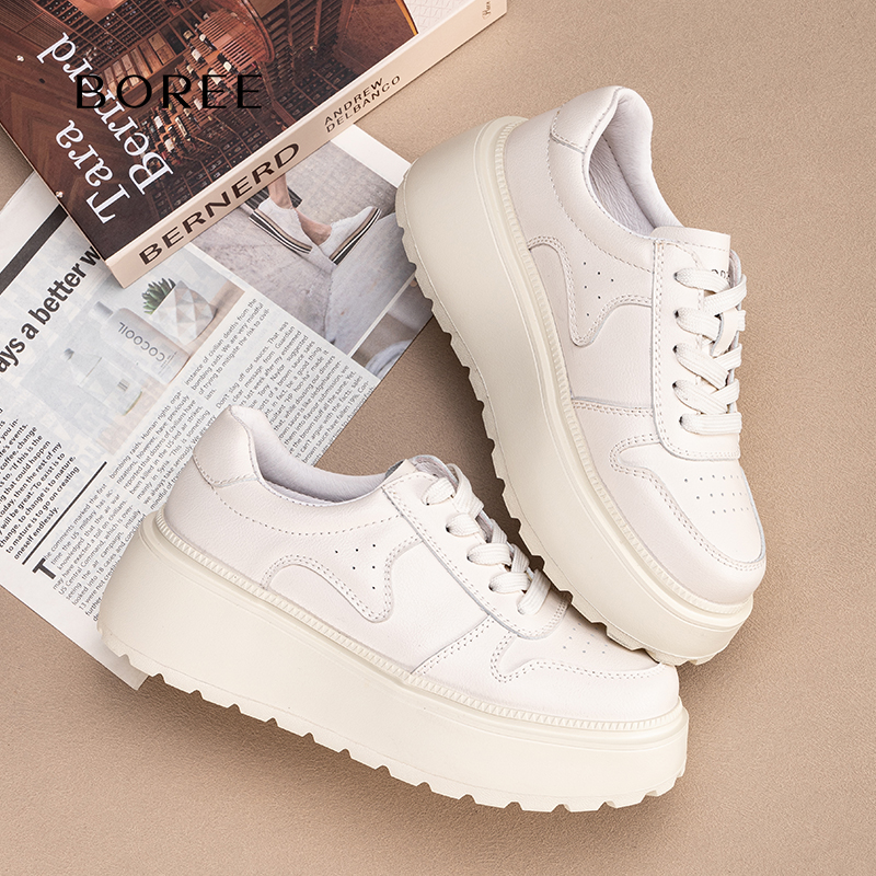 Boree/宝人真皮小白鞋2025秋季新款增高厚底女小众休闲鞋女鞋