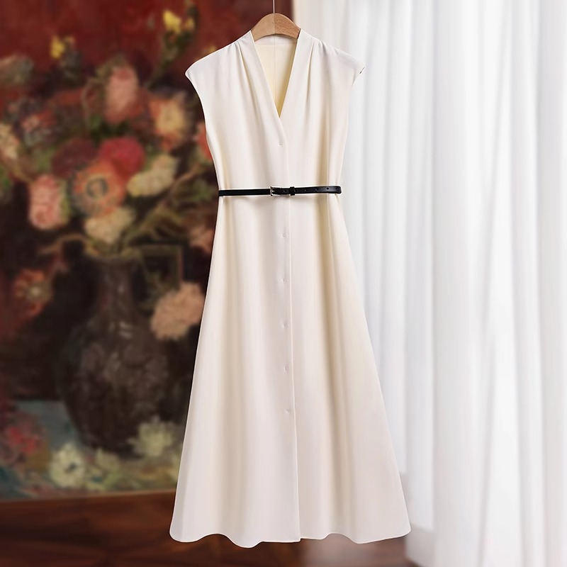 U型领V领夏季长袖挂脖飘带连衣裙纽扣中长裙250113
