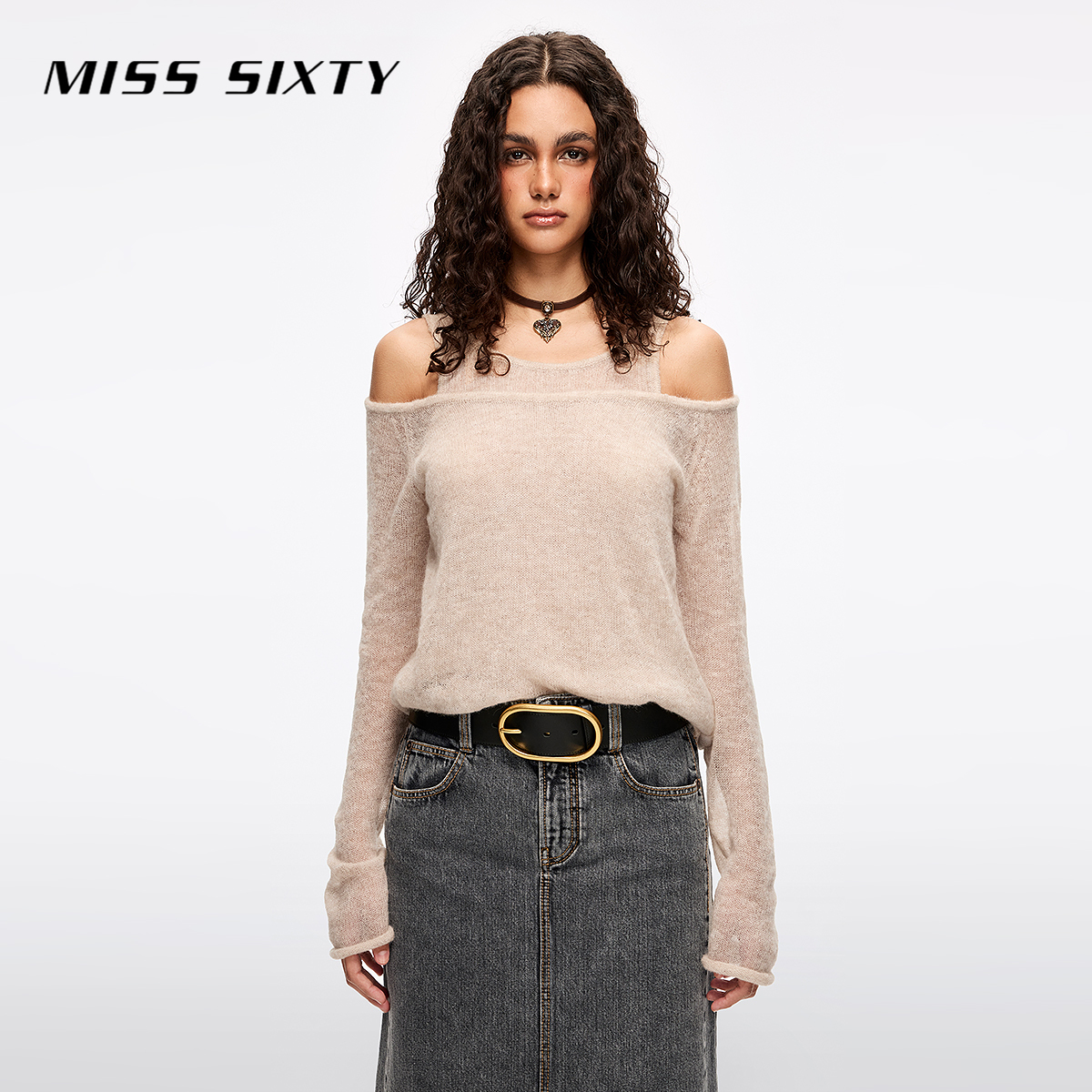 Miss Sixty2025秋季新款羊驼毛混纺针织衫女吊带露肩假两件毛衣