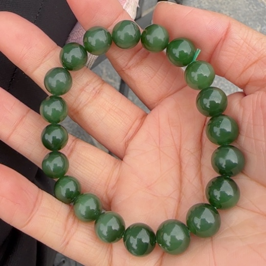 和田玉（碧玉）手链未镶嵌俄罗斯菠菜绿猫眼卡10