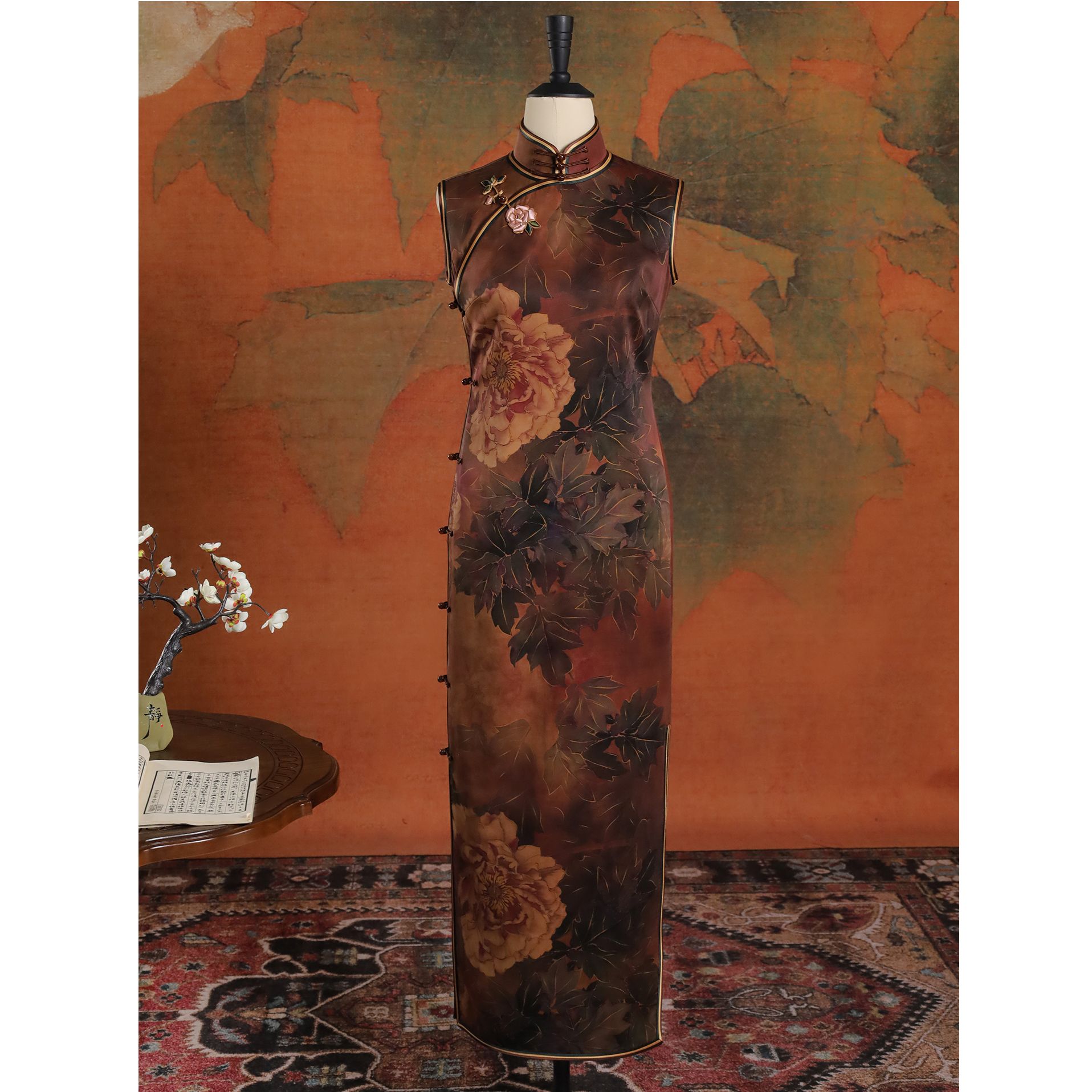 女神姑娘【盛放】皮子香云纱桑蚕丝优雅古法手工旗袍Q51012-5-60