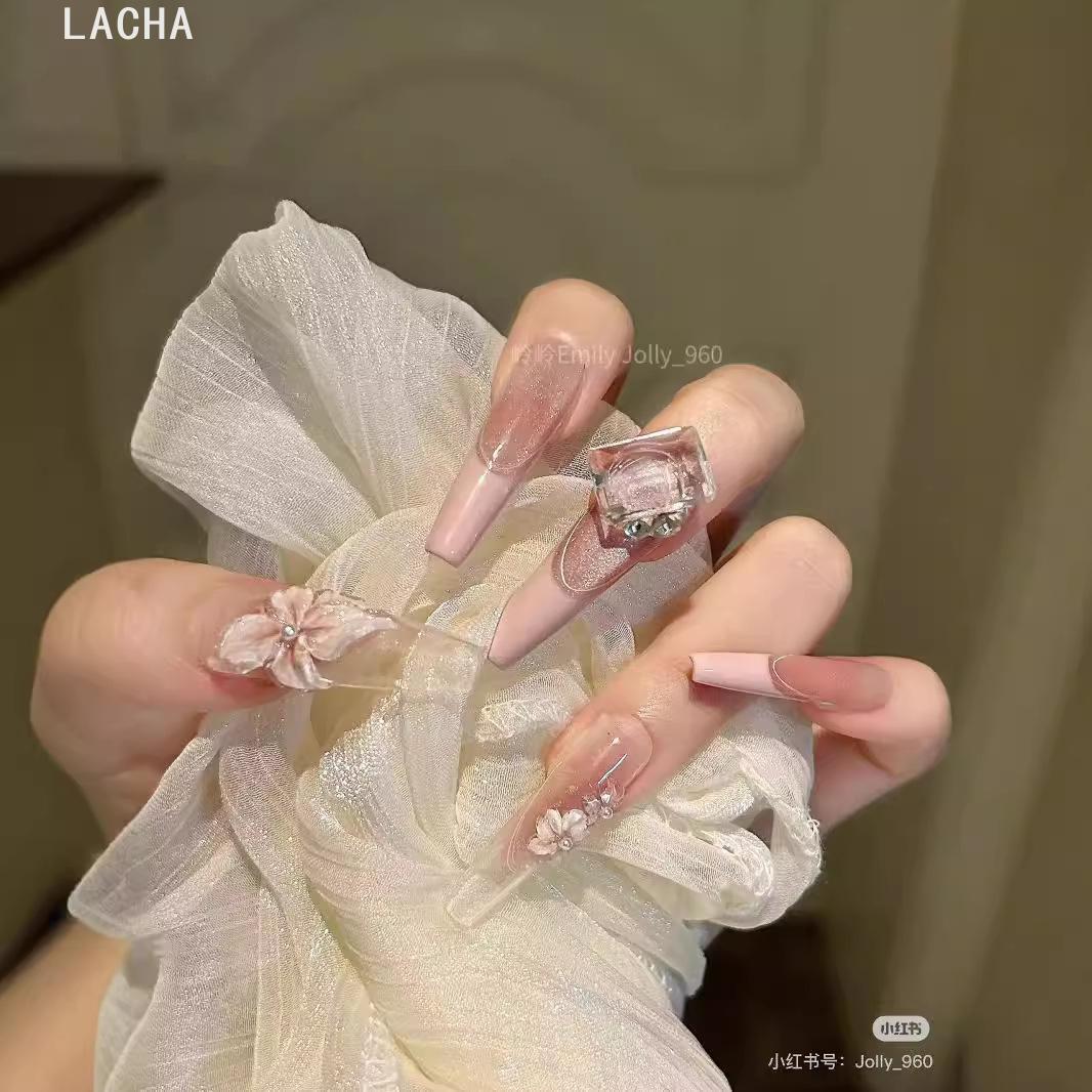 LACAH纯手工穿戴甲美甲少女裸色法式双层立体冰花高级气质2024爆