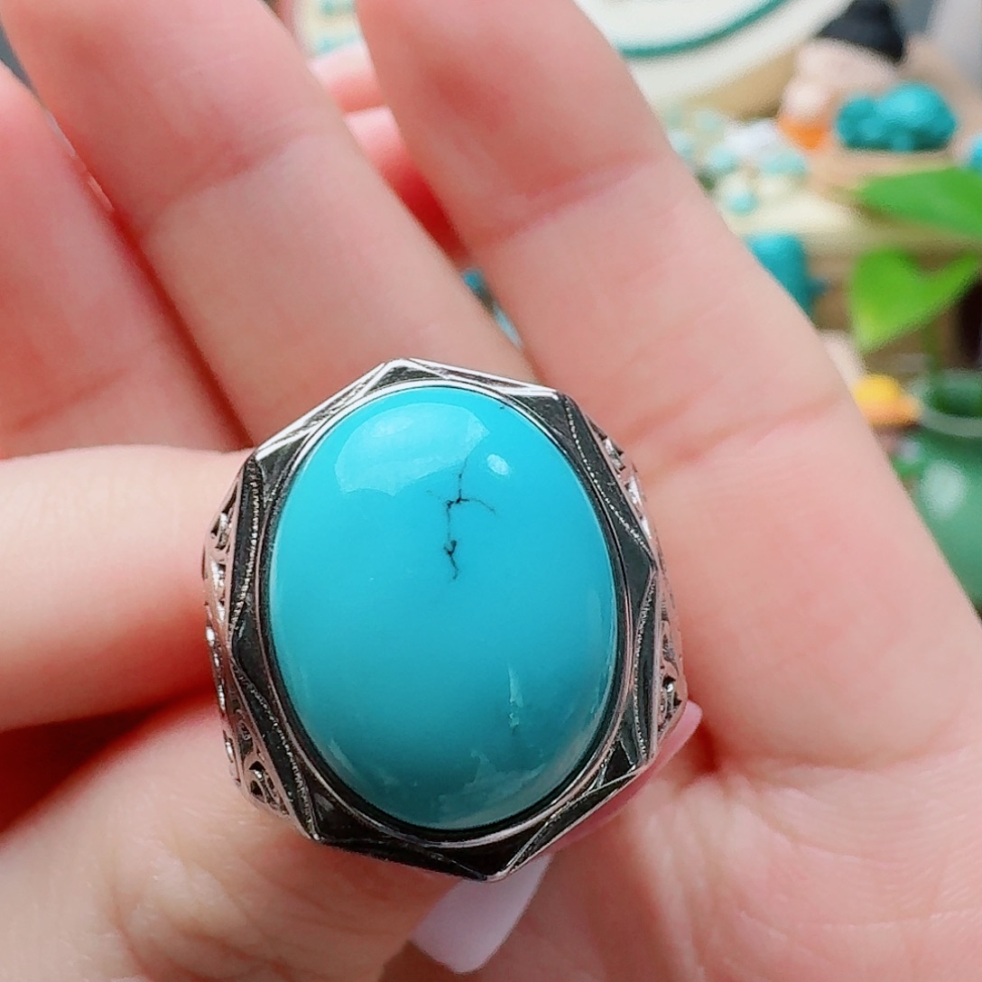 绿松石银S925镶嵌高瓷蓝大蛋面男戒