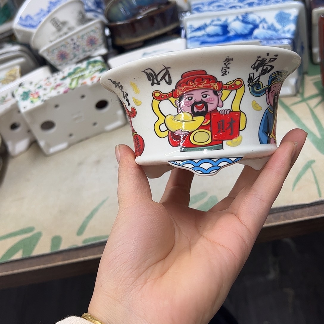 花盆紫砂025号瑕疵13/6.5cm仿手绘财神盆
