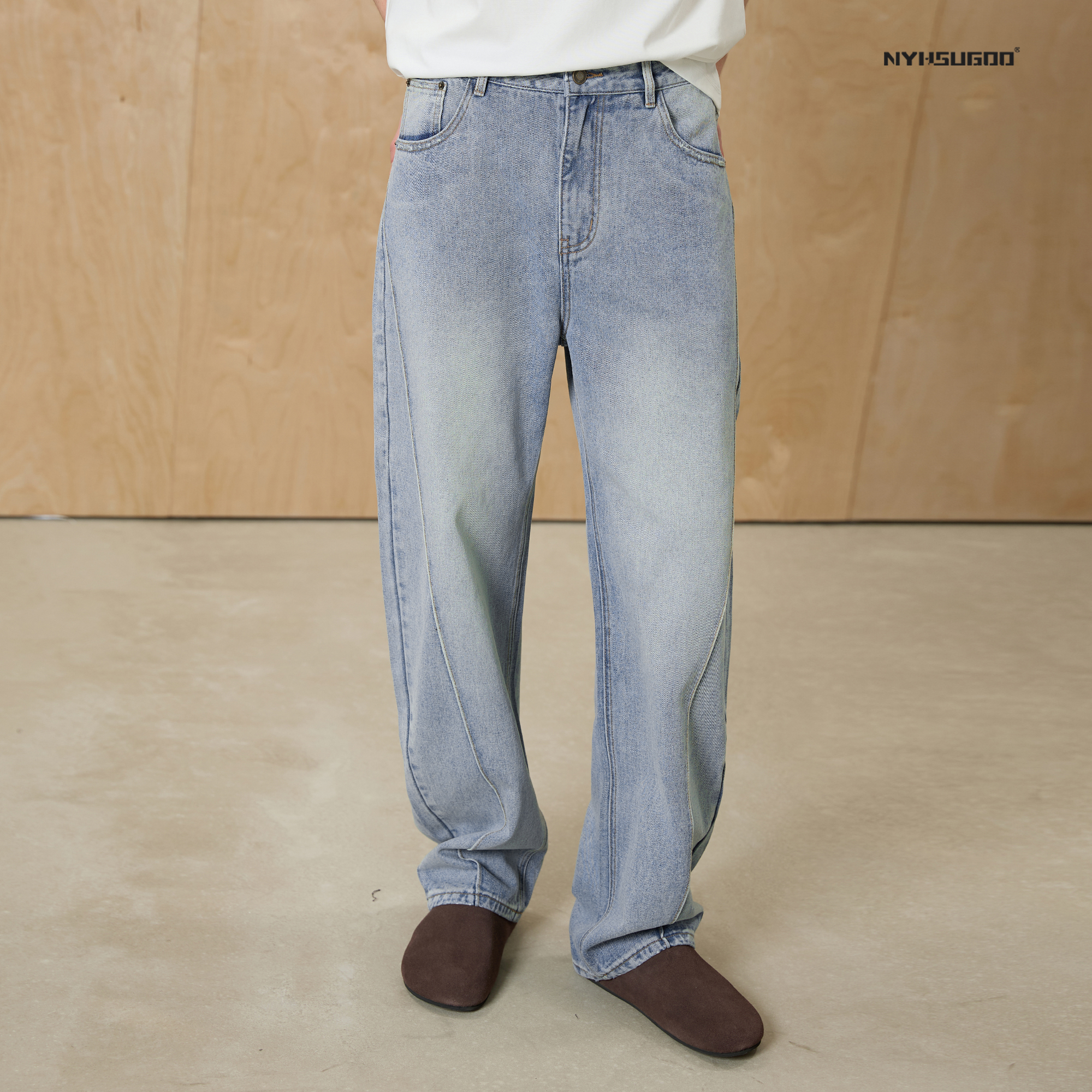NYHSUGOO/南乙3496春夏水洗做旧喷马骝牛仔裤男士解构棉质长裤
