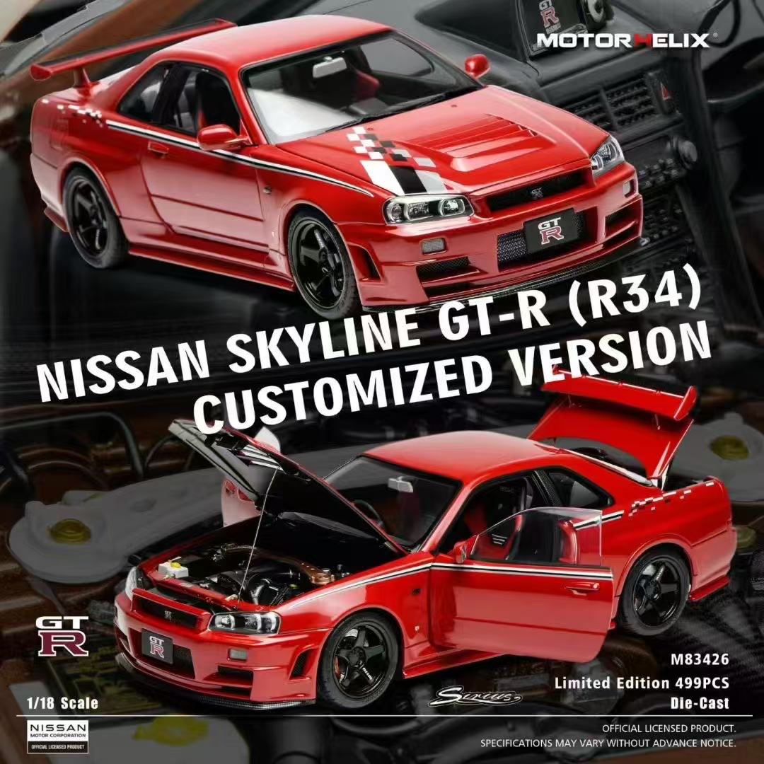 MotorHelix1:18日产GT-R R34 Nismo跑车合金全开汽车模型收藏