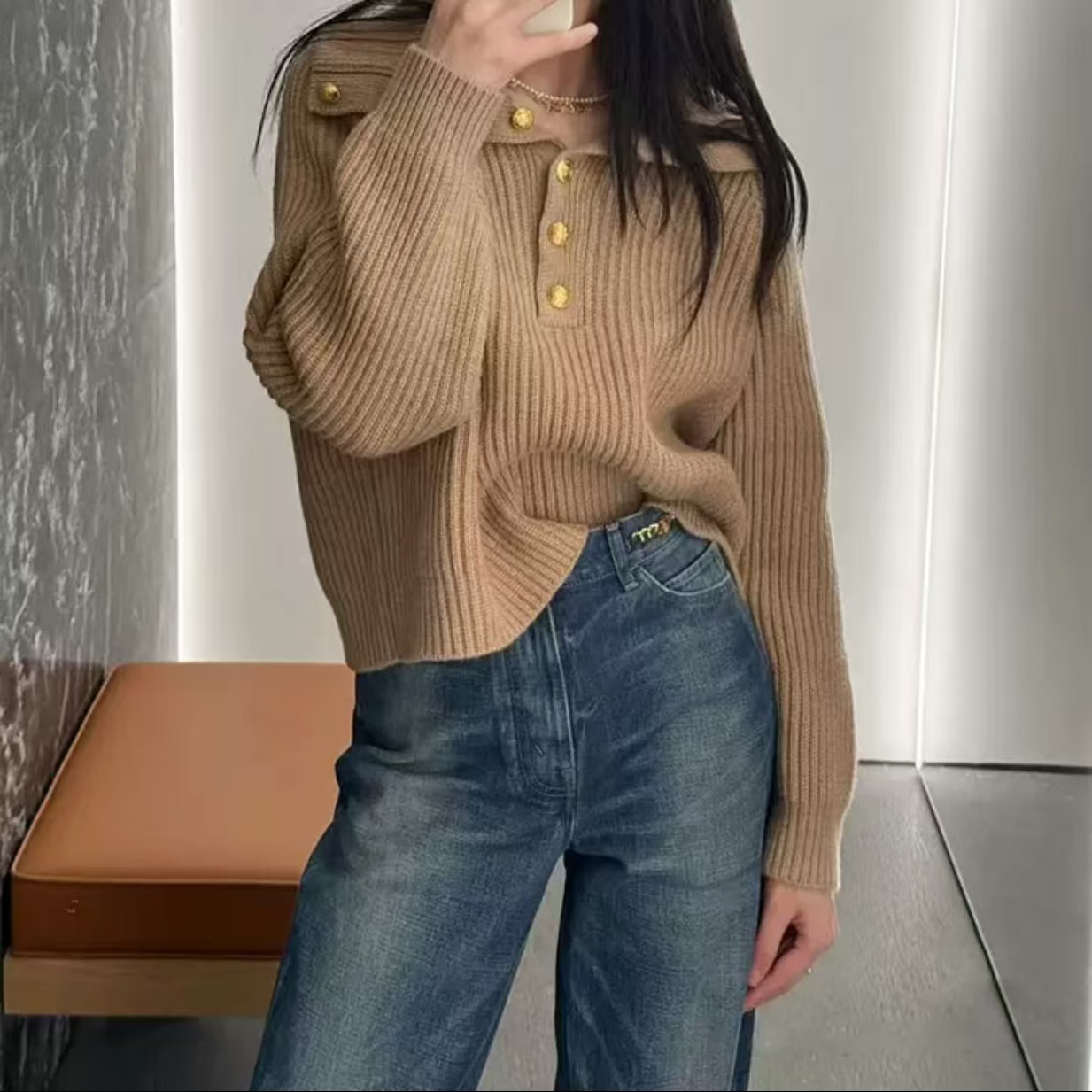 南油高品质女装热销经典款金属链条水洗复古高腰直筒显瘦牛仔裤女