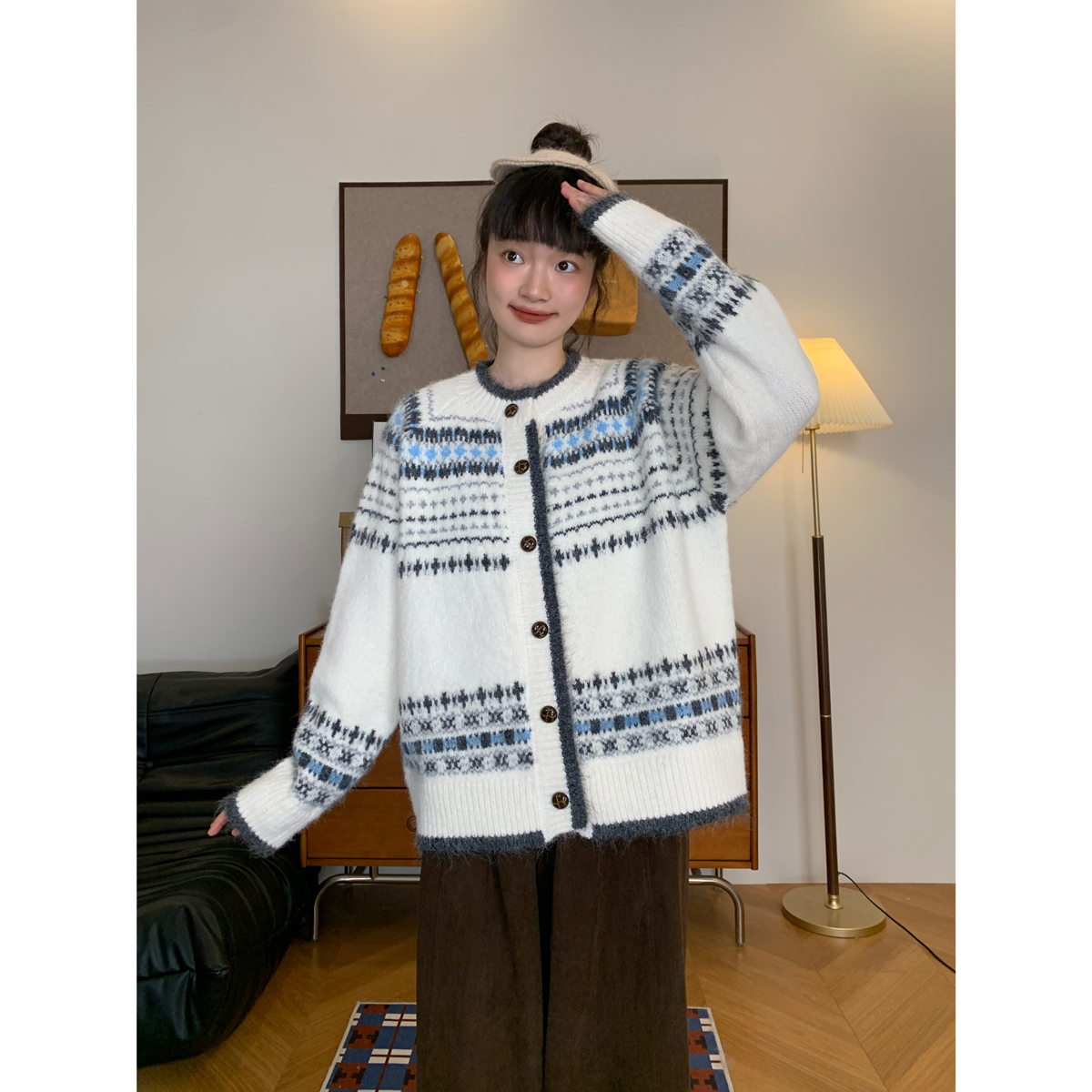 复古撞色提花圆领针织开衫女韩版秋冬新款宽松百搭加厚单排扣毛衣