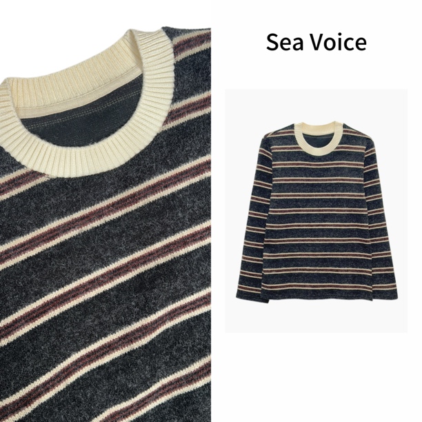 【海哥精选】磨毛条纹软糯保暖圆领长袖针织毛衣5675