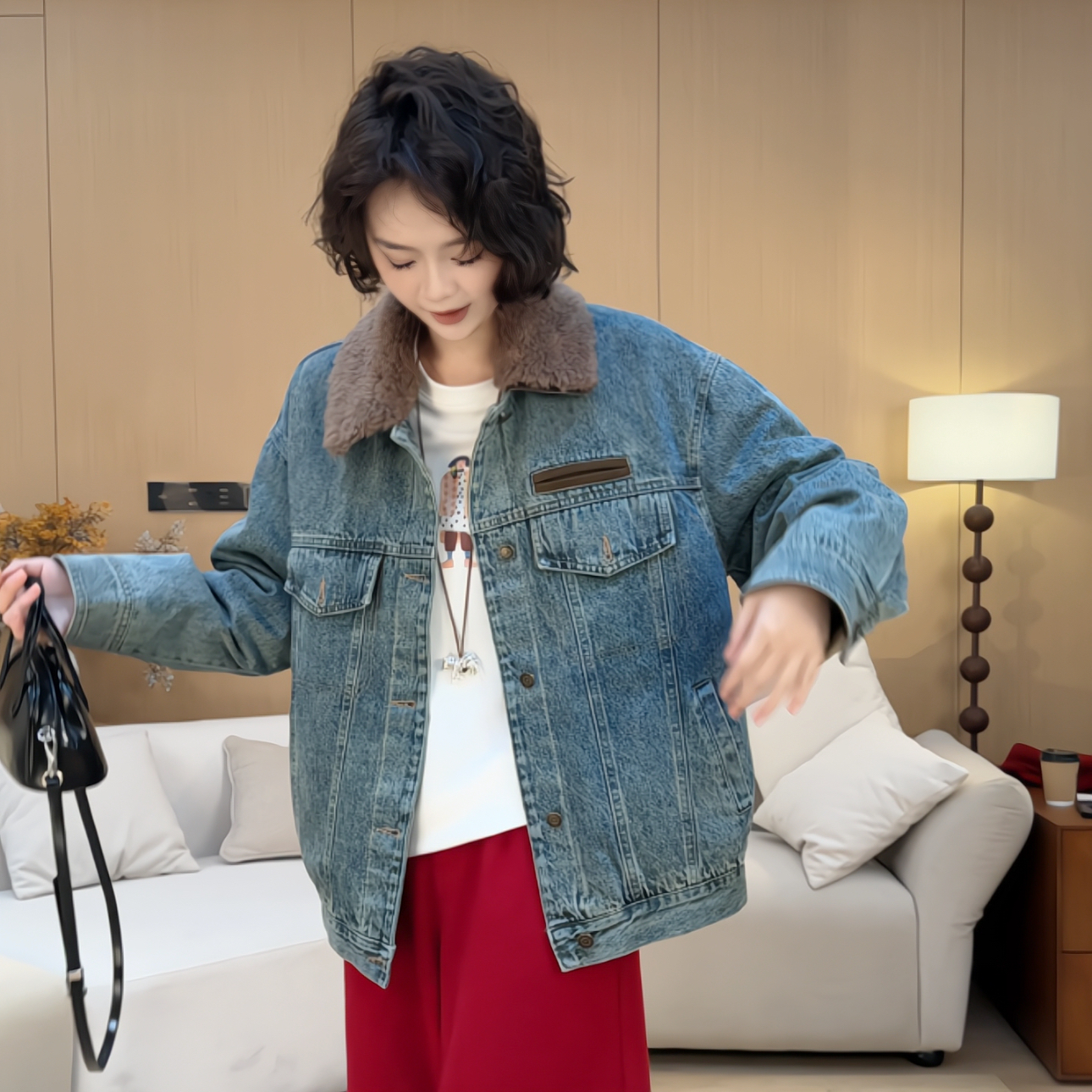 欧尼私服2025秋冬新款浅蓝拼接翻领长袖羽绒牛仔外套2512C8801