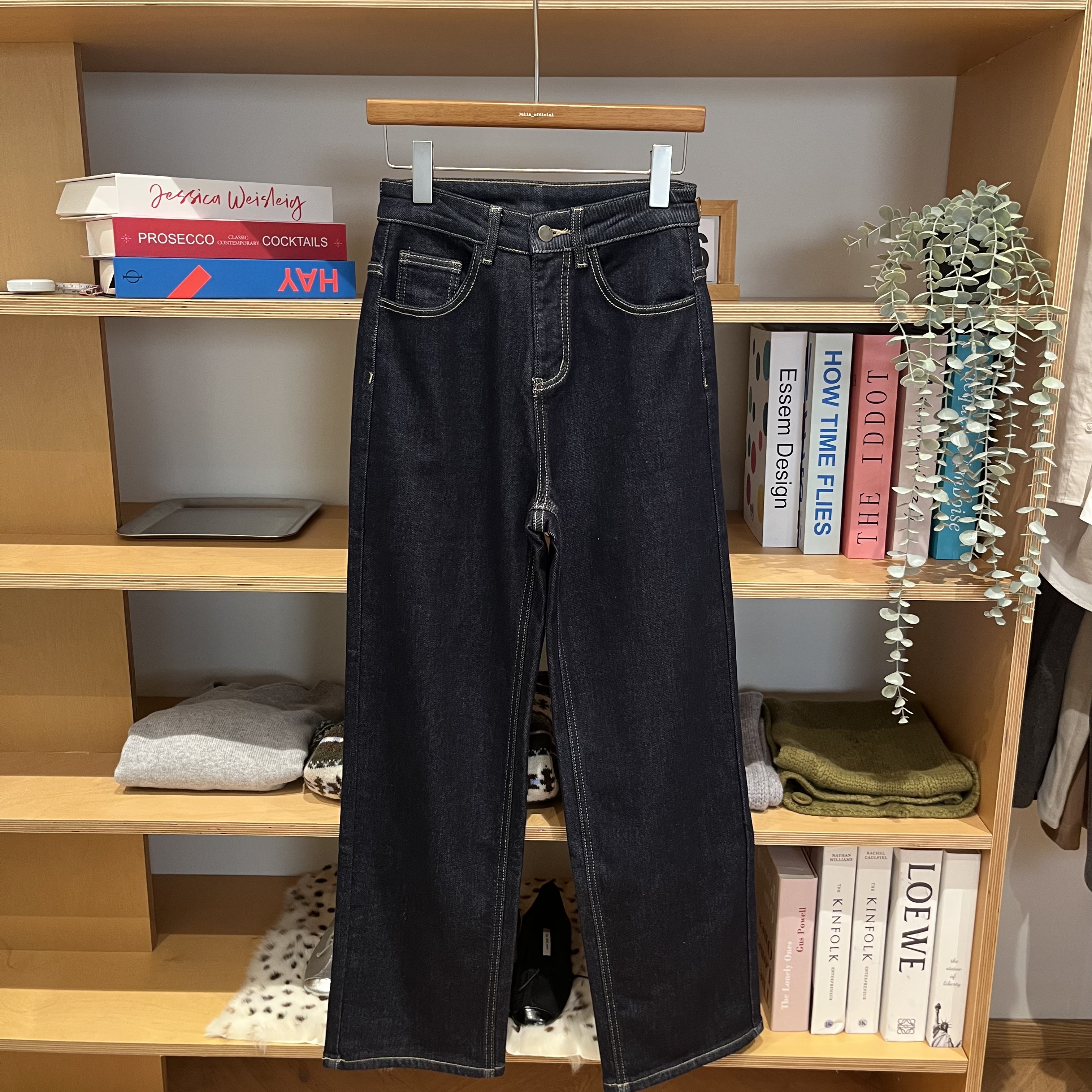 秋冬立体剪裁薄绒复古休闲明线牛仔裤