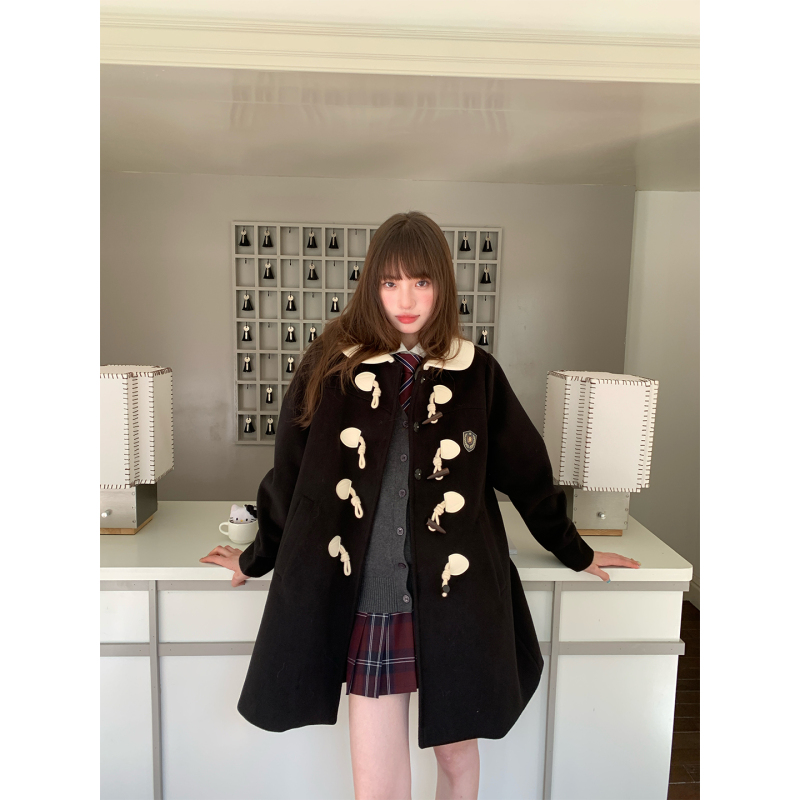 东京岁时记jk黑色大衣秋冬季中长款毛呢外套娃娃领牛角扣新款上衣