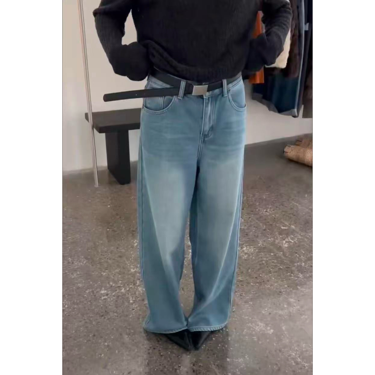 【白开水】抓毛的重工洗水直筒牛仔裤（2IU3812#）爱唯依