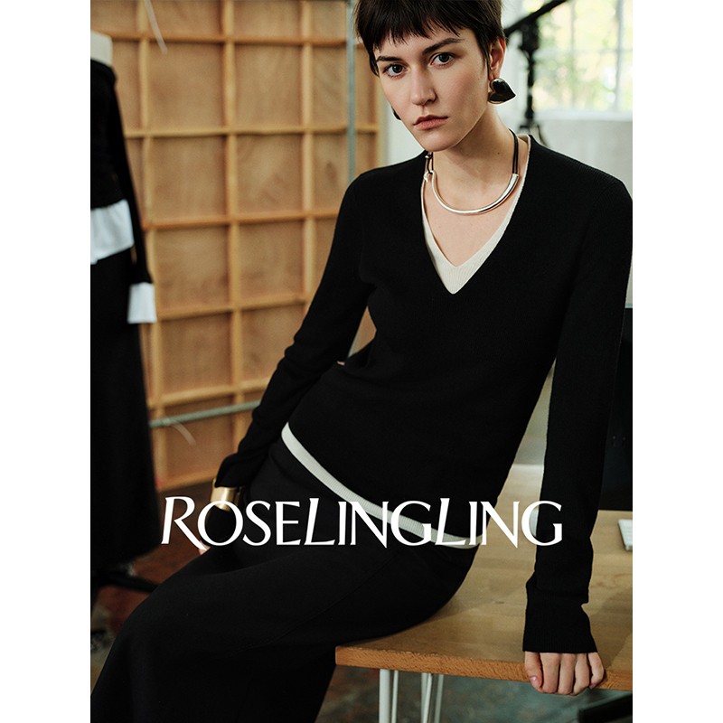 Roselingling篙阶定染软糯新澳羊毛双层水滴领假两件套头针织衫女