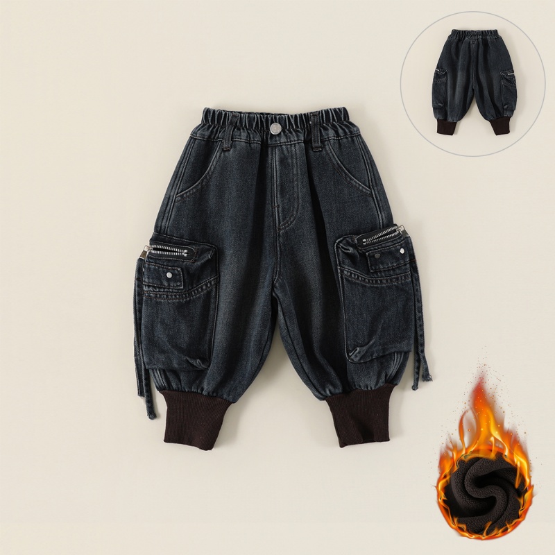 现货【薄绒】儿童加绒牛仔裤冬季新款男童工装大口袋保暖裤子CK387