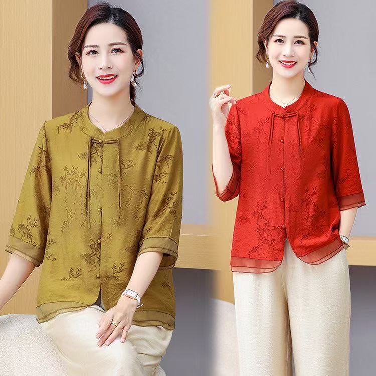 25年时尚中老年女装中年妈妈雪纺T恤民族风半袖休闲衬衣气质中式