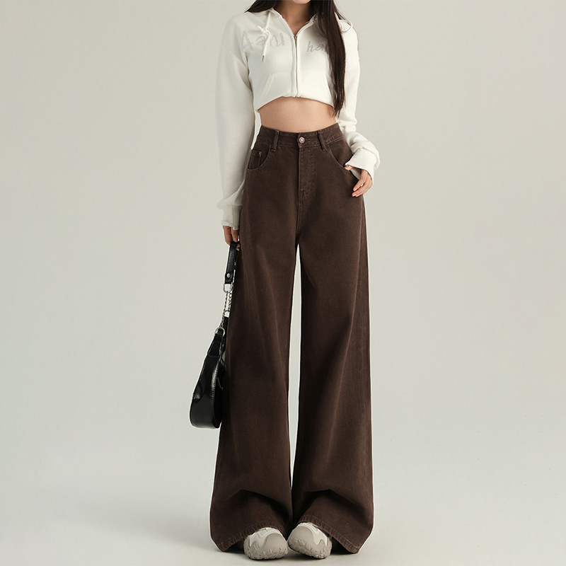 美式复古咖色阔腿牛仔裤女秋季新款高腰宽松显瘦垂感直筒拖地裤子