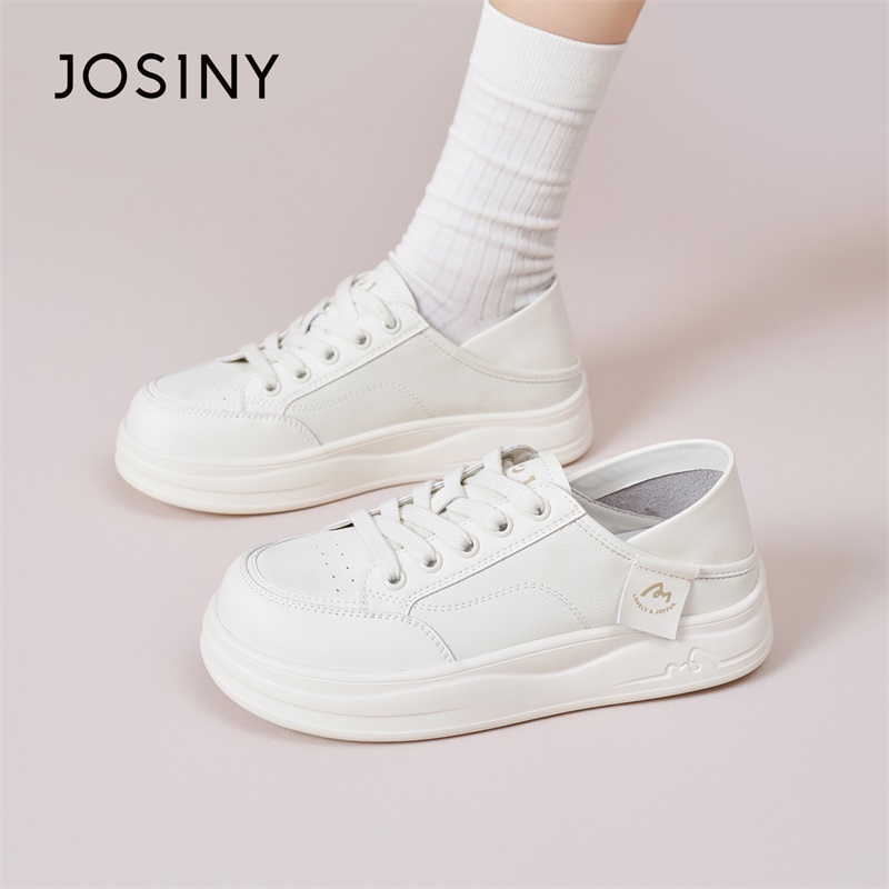 卓诗尼圆头平底休闲板鞋2026春秋新款厚底增高低帮系带透气运动鞋