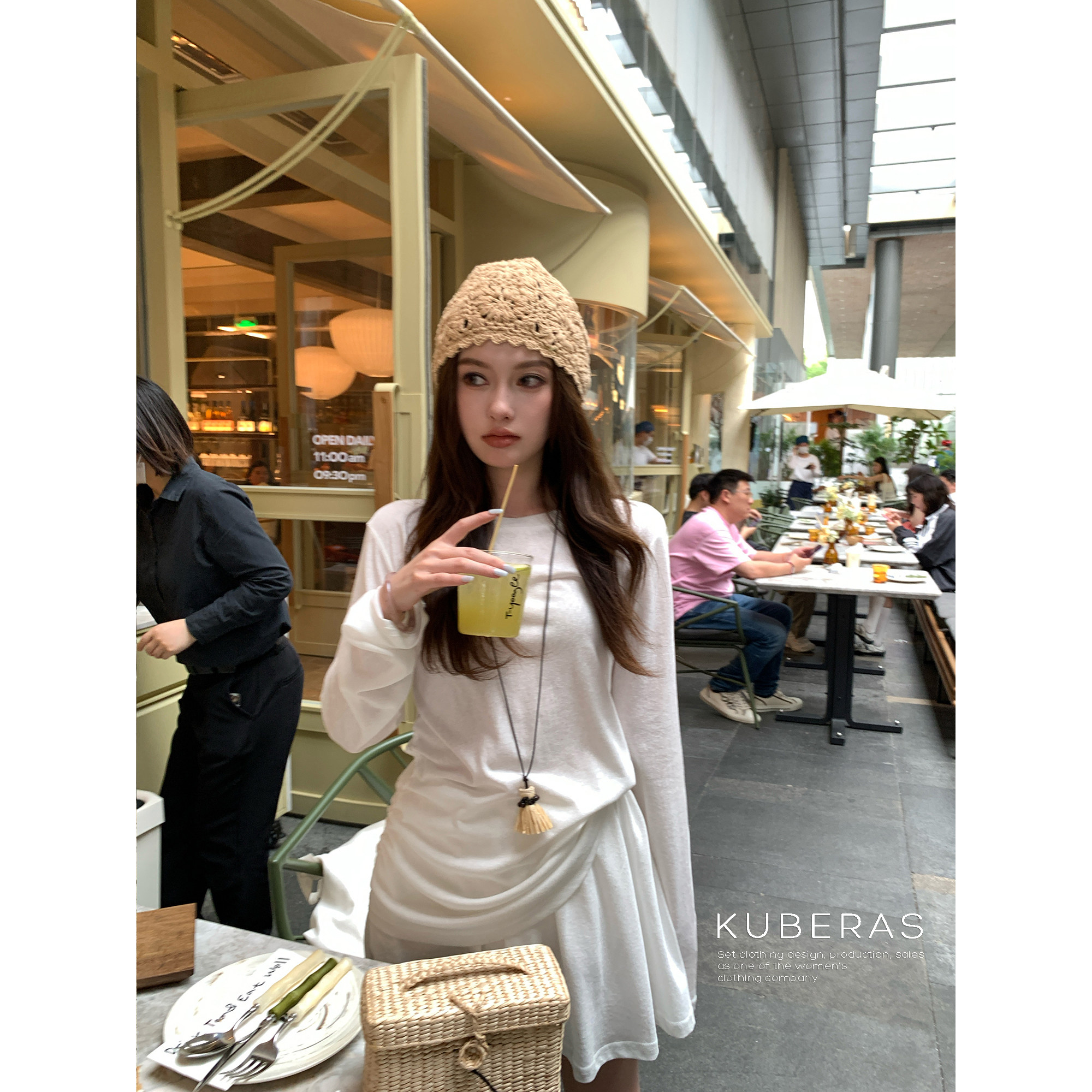 KUBERAS 简约休闲天丝棉针织薄款长袖T恤镂空防晒上衣短裙裤套装