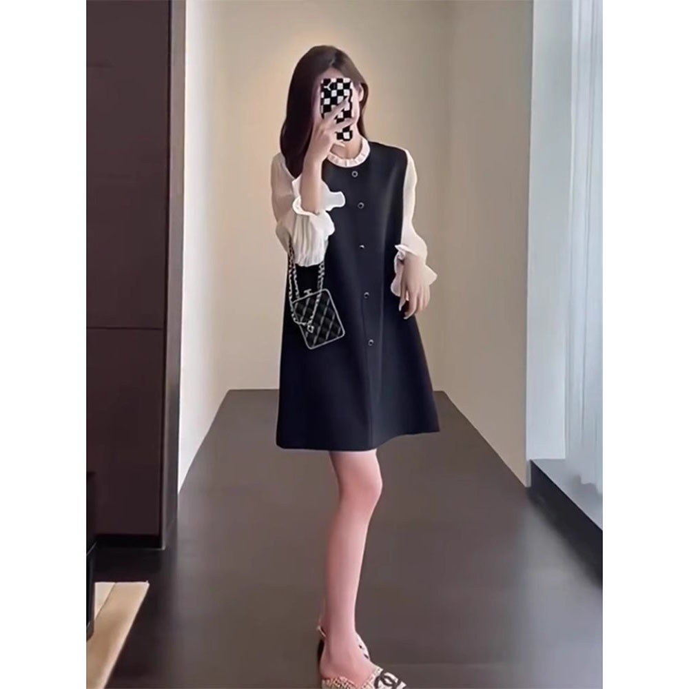 大码花边领连衣裙女春款撞色拼接A字裙遮胯设计感时尚气质裙子