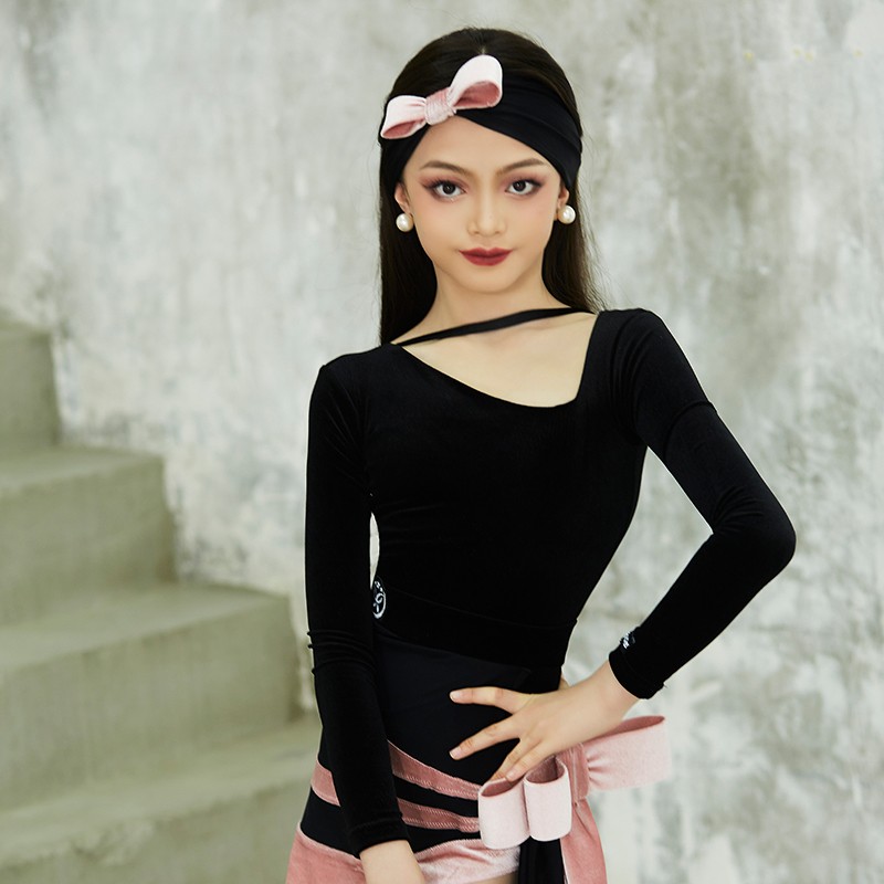 星辰舞服拉丁舞练习套装女儿童成人新款黑粉撞色蝴蝶结灵动套装