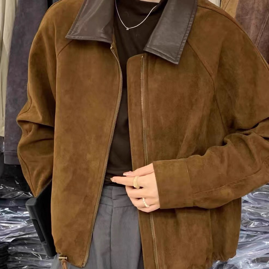 小个子定制秋冬夹棉加厚复古咖色美拉德短款麂皮外套