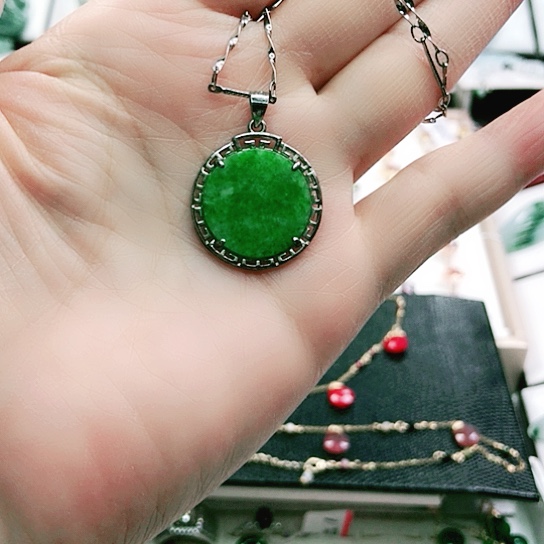 翡翠颈饰银S925镶嵌天然A货翡翠平安扣吊坠