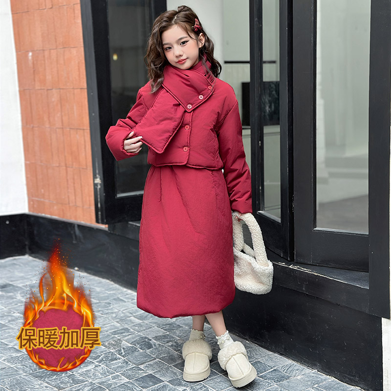 女童棉衣套装裙冬装2024新款女大童半身裙儿童冬季加厚新年拜年服