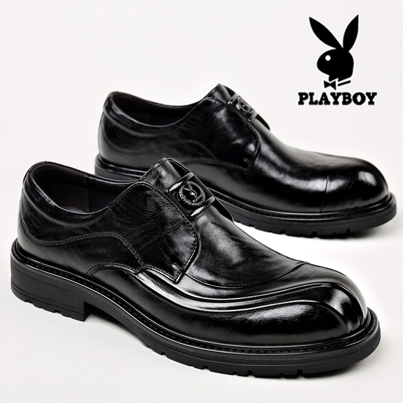花花公子男士皮鞋真皮商务正装宽脚大头一脚蹬结婚新郎休闲鞋大码