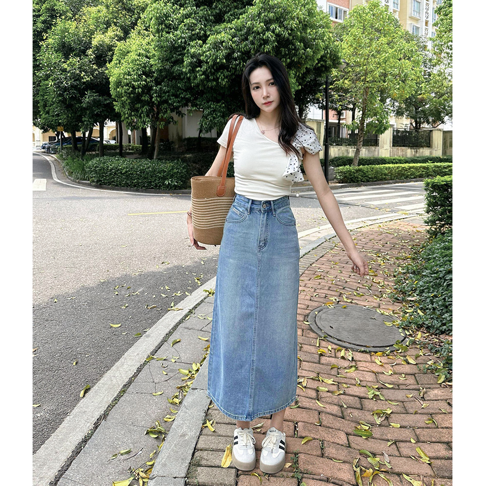 3272牛仔半身裙2025秋季新款韩系高腰显瘦百搭a字后开叉中长裙女