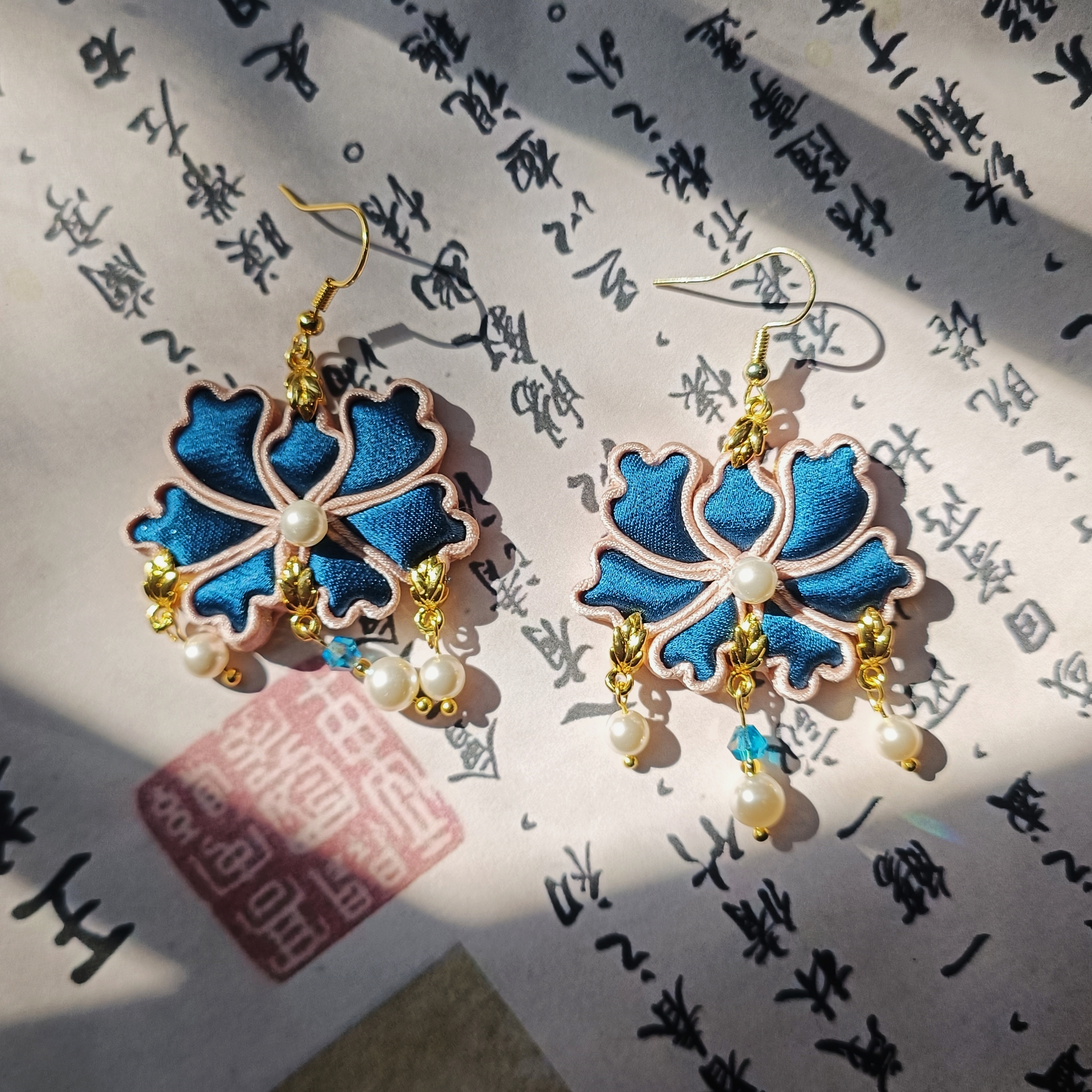 非金属布艺耳饰 蓝牡丹原创手工盘扣国风耳环复古新中式旗袍配饰