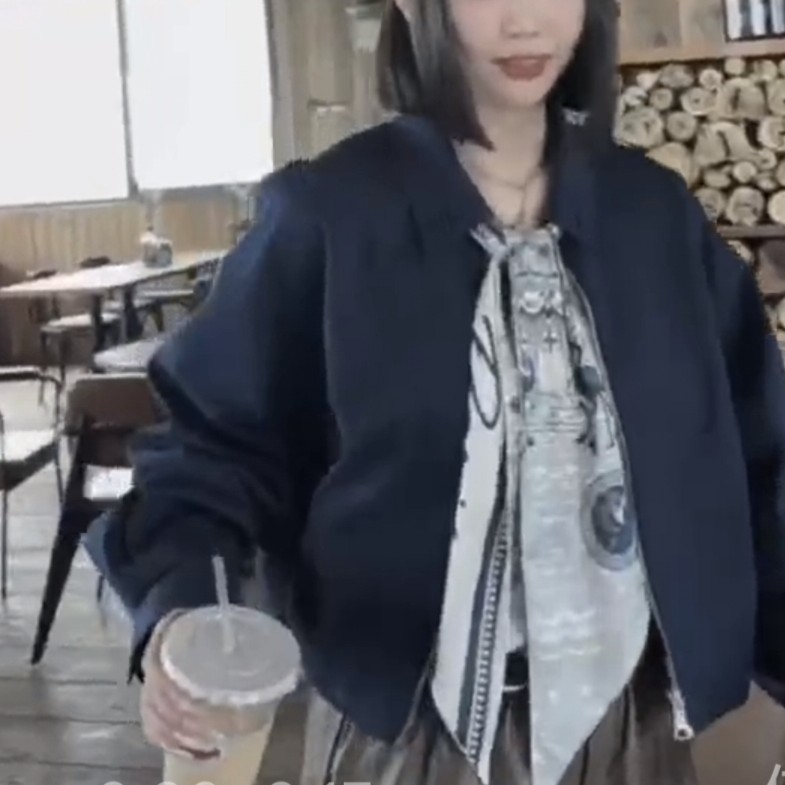 立领秋季纯色女气质黑色双面连帽直下摆短外套秋冬