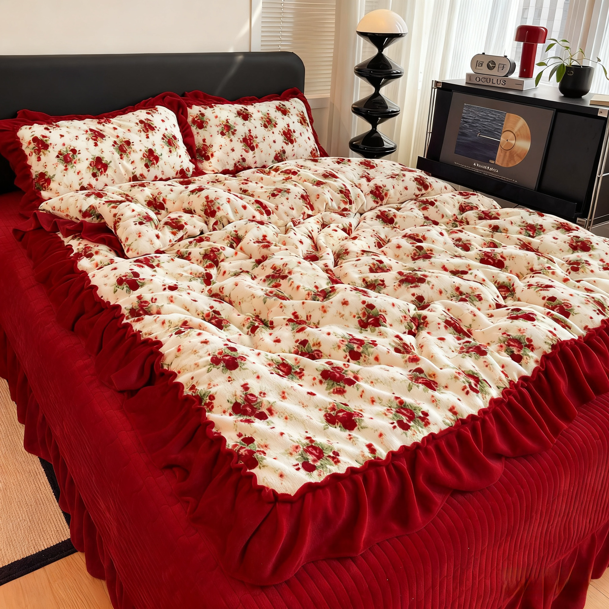 新款超大花边款床盖冬季保暖加绒夹棉四件套双面绒牛奶绒床上用品