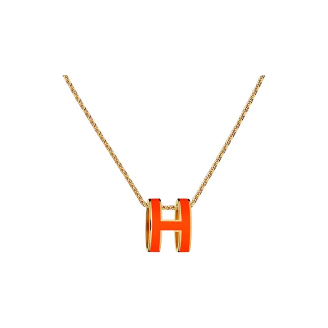 未使用 Hermes/爱马仕 经典POP H常规橙色/黄金色项链 00382