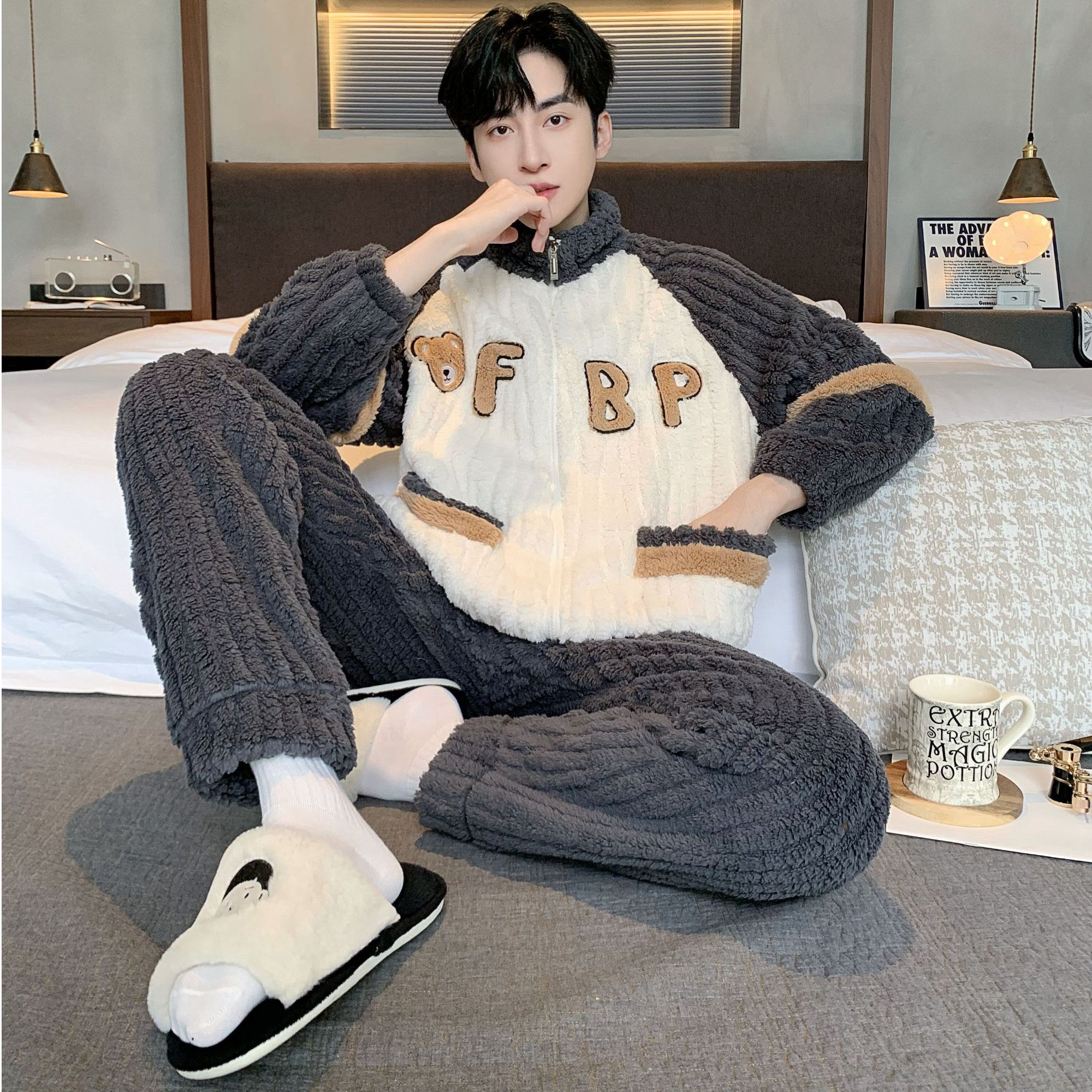 睡衣男士冬季双面加绒加厚羊羔绒拉链款亲肤保暖家居服套装可外穿