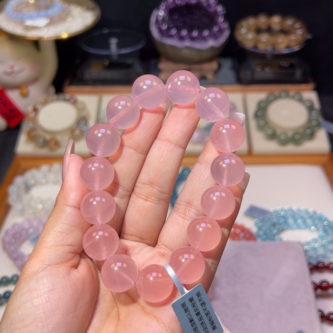 水晶手串未镶嵌_****?老矿艳桃马粉14.8m m