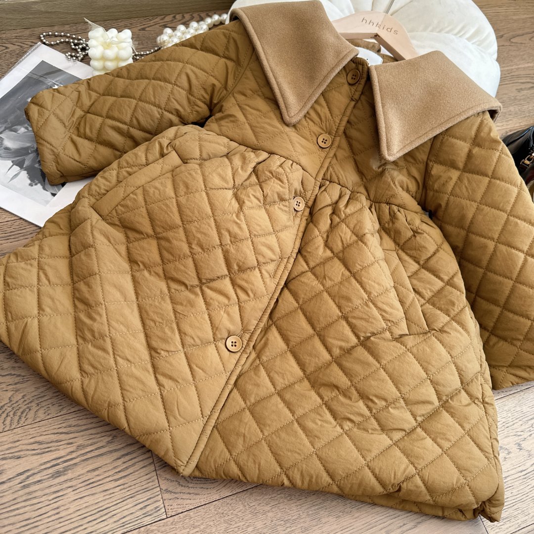 HHkids女童2023冬夹棉加厚连衣裙儿童保暖洋气翻领束腰棉衣FwT710