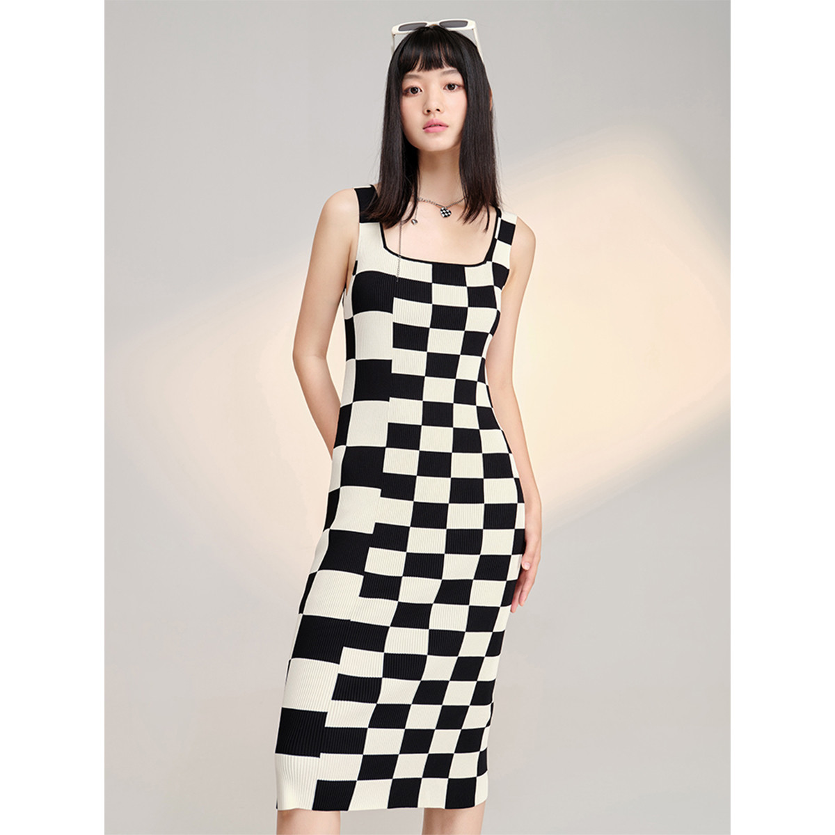 【籽言专属】红袖不对称格纹套头中长款背心裙89123091620