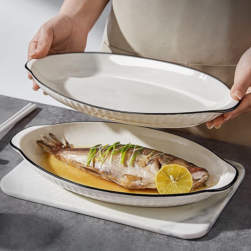 家用大号鱼盘2025新款高级感防烫双耳蒸鱼专用盘子釉下彩陶瓷餐具