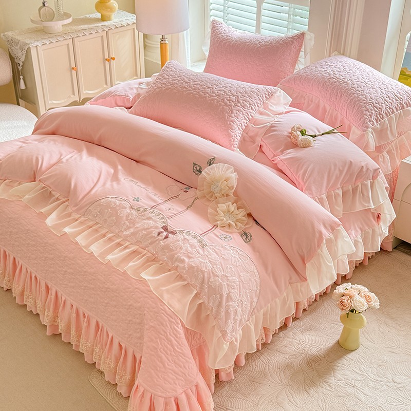韩版床盖四件套高档蕾丝花边被套被罩夹棉床单三件套四季款床品