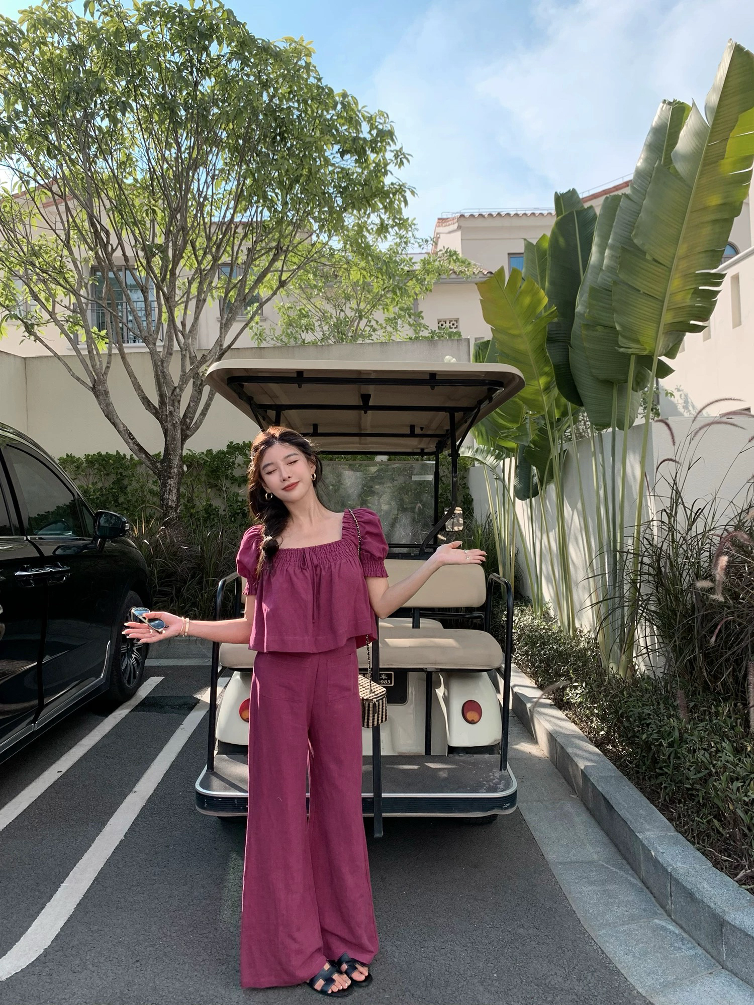 方领短袖衬衫搭配高腰阔腿裤夏季时尚减龄套装女