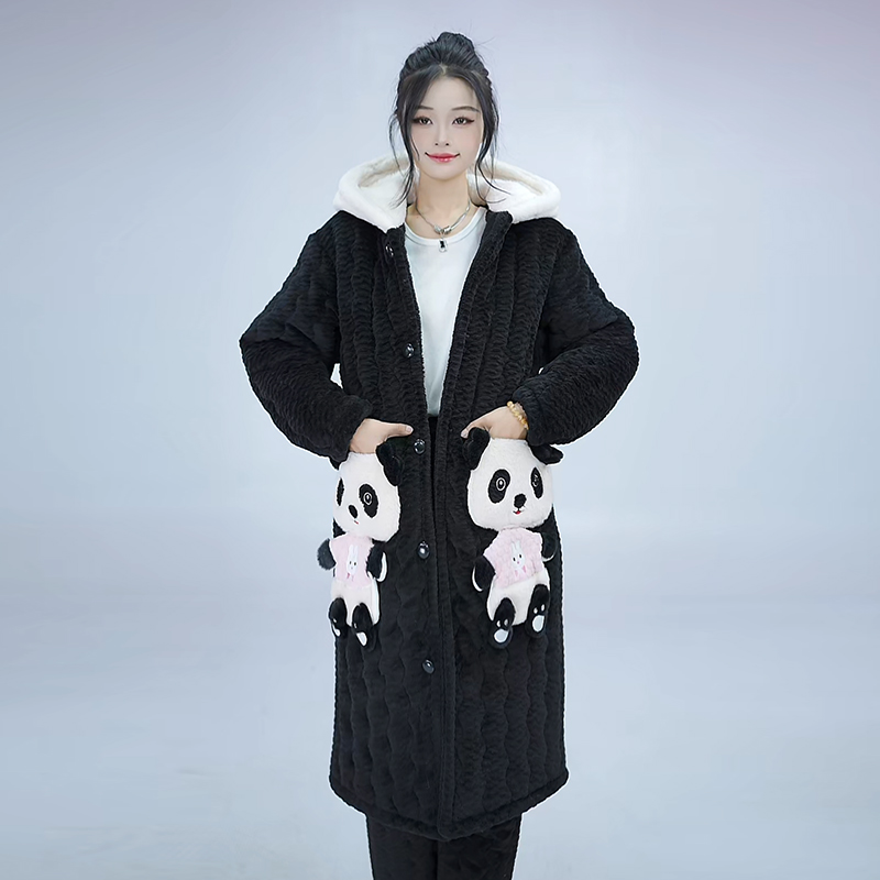 三层夹棉加厚加绒睡袍可外穿冬季连帽睡衣百搭女士卡通家居服套装