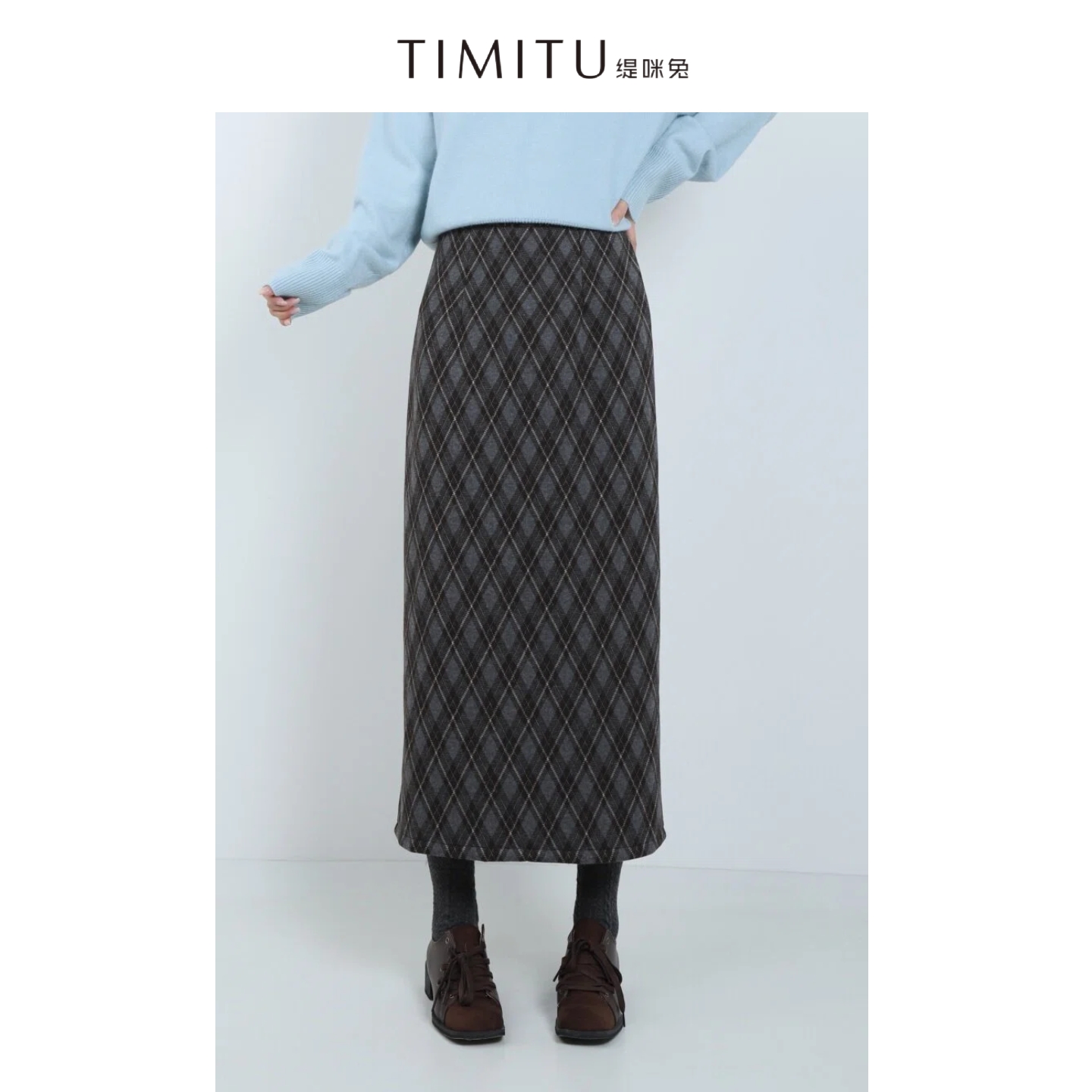 TIMITU缇咪兔韩系菱格后开衩毛呢半身裙34425011